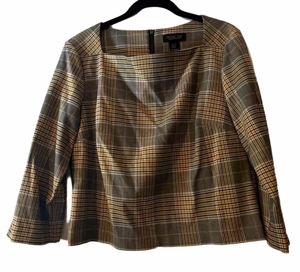 Rachel Zoe Gray Plaid Square Neck Long Sleeve Top Size 10